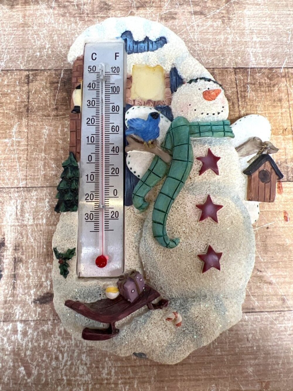 Snowman-Themed Wall Thermometer With Holiday Motifs & Glitter Accents